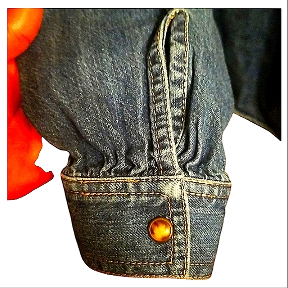 LIZ CLAIBORNE VINTAGE WASH DENIM COLLARLESS SLONG SLEEVE BLOUSE GUC SIZE L - Picture 6 of 8